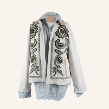 VESTE GILET - CREAM & GREEN - C0100494FAM