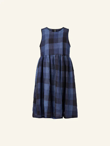 BLUE CHECKED LINEN DRESS BLUETTE / BLACK - 221508