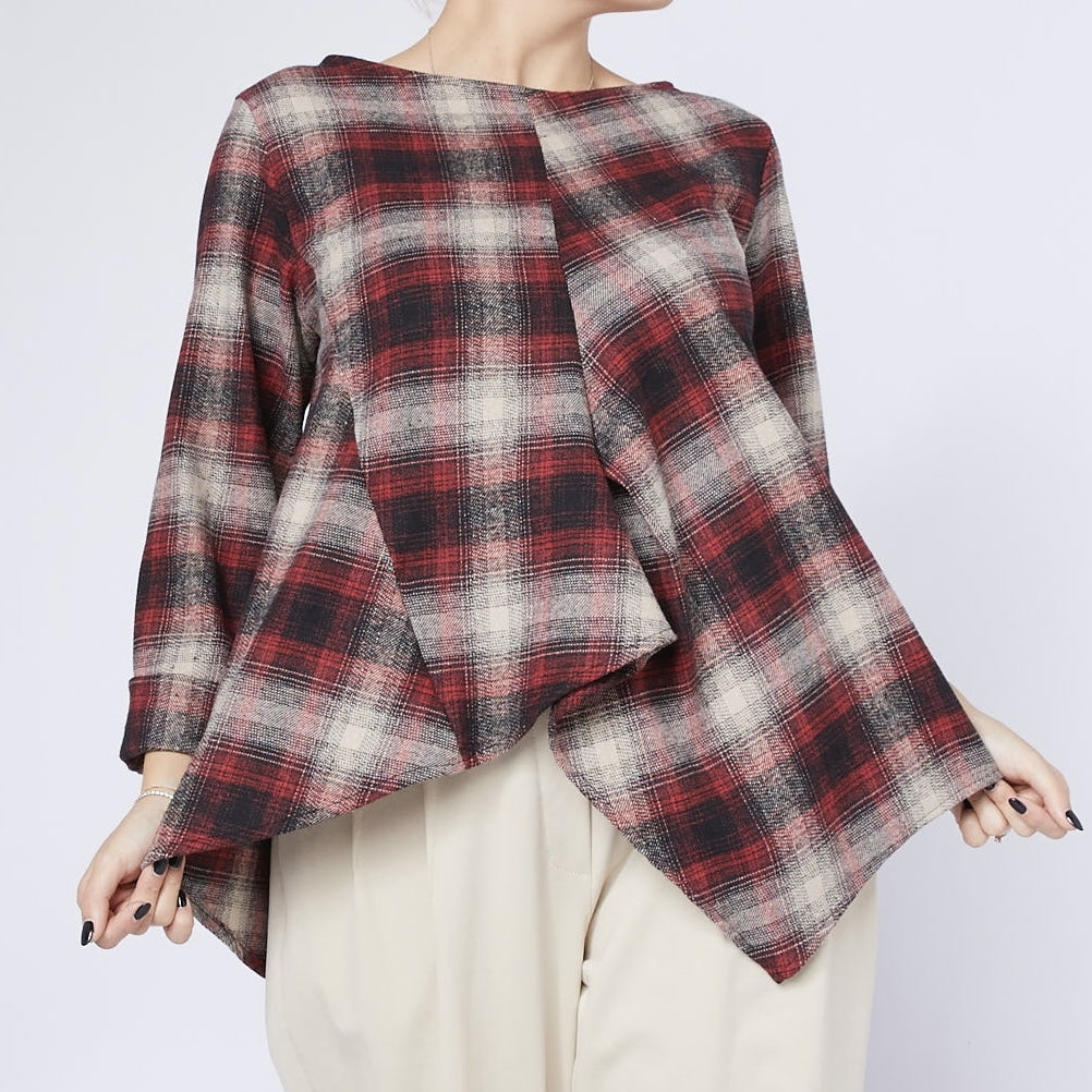 CHECKERED BLOUSE RED, BEIGE AND BLACK PATTERNED FABRIC - 224369