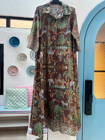 WOMEN'S DRESS - (JUNGLE PRINT) BROWN & MULTI COLOR - H2842-M32