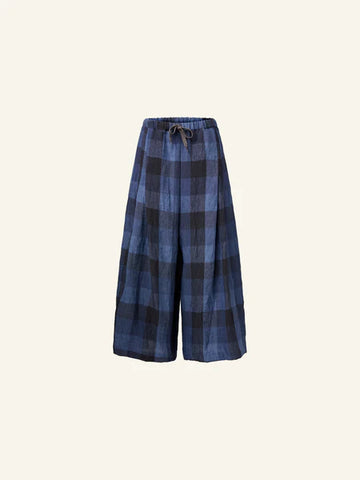 BLUE CHECKED LINEN WIDE PANTS - BLUETTE / BLACK - 800039