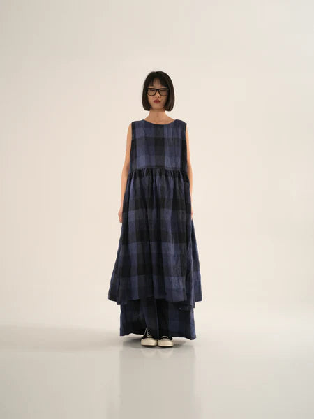 BLUE CHECKED LINEN DRESS BLUETTE / BLACK - 221508