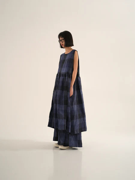 BLUE CHECKED LINEN WIDE PANTS - BLUETTE / BLACK - 800039