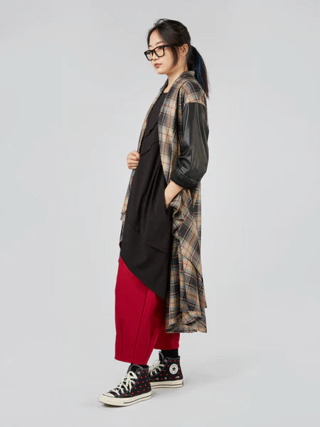 TARTAN CARDIGAN WITH ECO-LEATHER SLEEVES - 110441