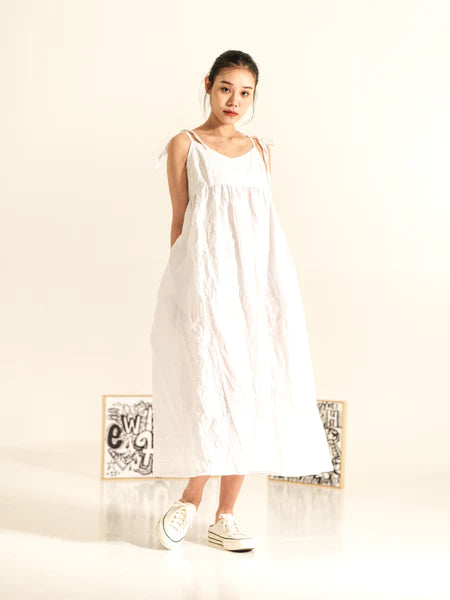 WHITE - WRINKLED EFFECT DRESS WITH THIN SHOULDER STRAPS - 221639