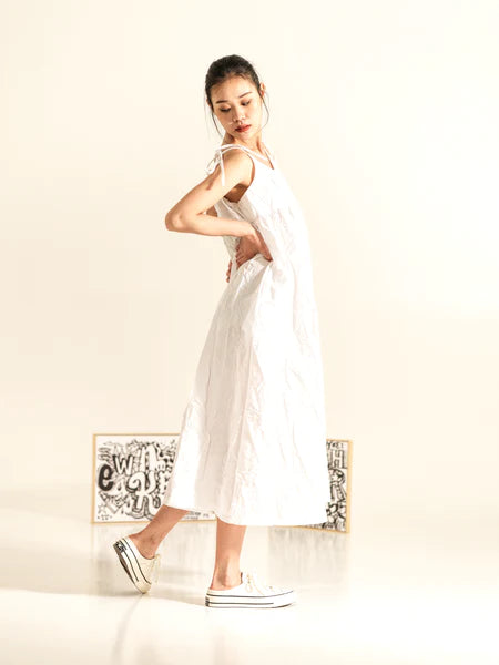 WHITE - WRINKLED EFFECT DRESS WITH THIN SHOULDER STRAPS - 221639
