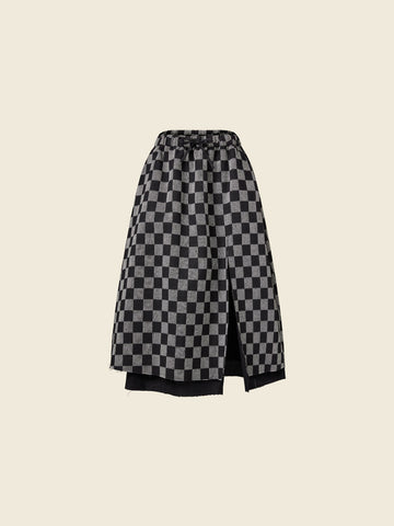 LONG CHECKERED SKIRT WITH SPLIT-Gray 824058