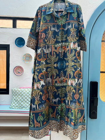 WOMEN'S DRESS - (JUNGLE PRINT) NAVY BLUE & MULTI COLOR - H2842-M32