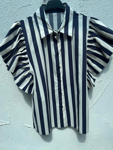 WOMEN'S SHIRT - NAVY BLUE & WHITE - H4970-C12