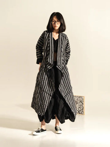 STRIPED DUSTER COAT WITH BELTb- 221666